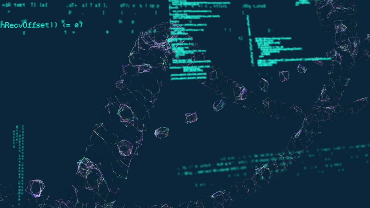 Abstract wireframe shapes and digital data processing animation over dark background