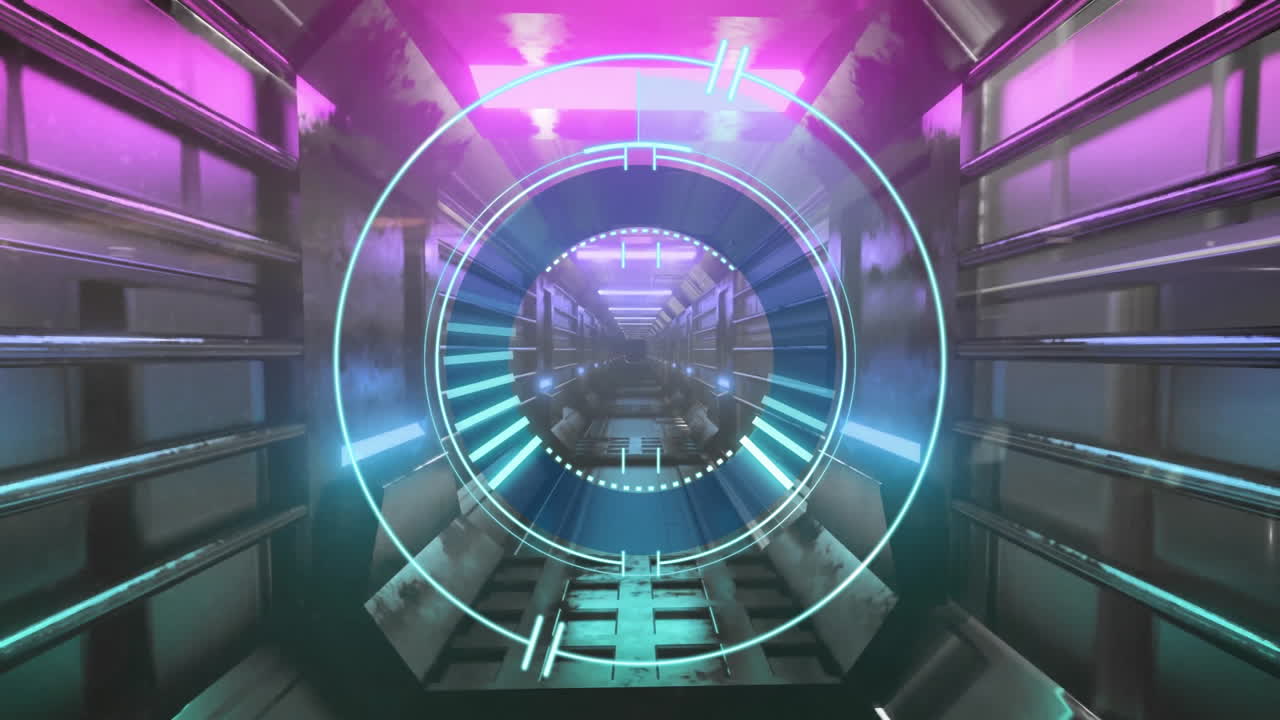 Rendering 3D circular holographic interface floating on metal corridor with teal purple LED strips