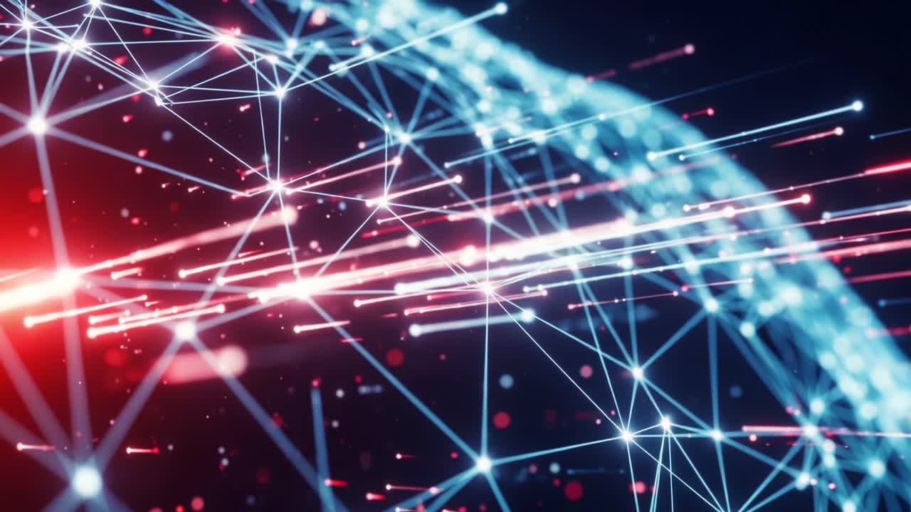 Captivating Abstract Representation of Digital Connections and Data Flow in a Futuristic Network Environment with Vivid Lighting and Geometric Patterns