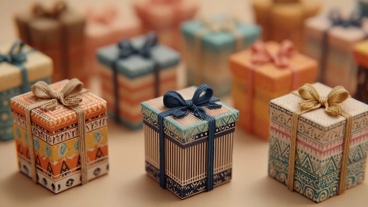 A Colorful Array of Beautifully Wrapped Gift Boxes Perfect for Celebrations and Special Occasions, Showcasing Intricate Designs and Vibrant Colors