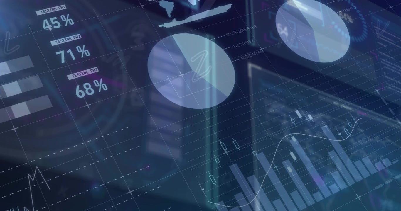 Animation af flere grafer, database, kort og indlæsningscirkler med nedtælling.