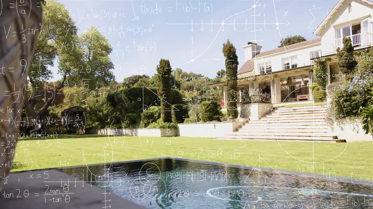 Backyard with reflective pool, lawn, house showing math overlay rising from top and mapping data
