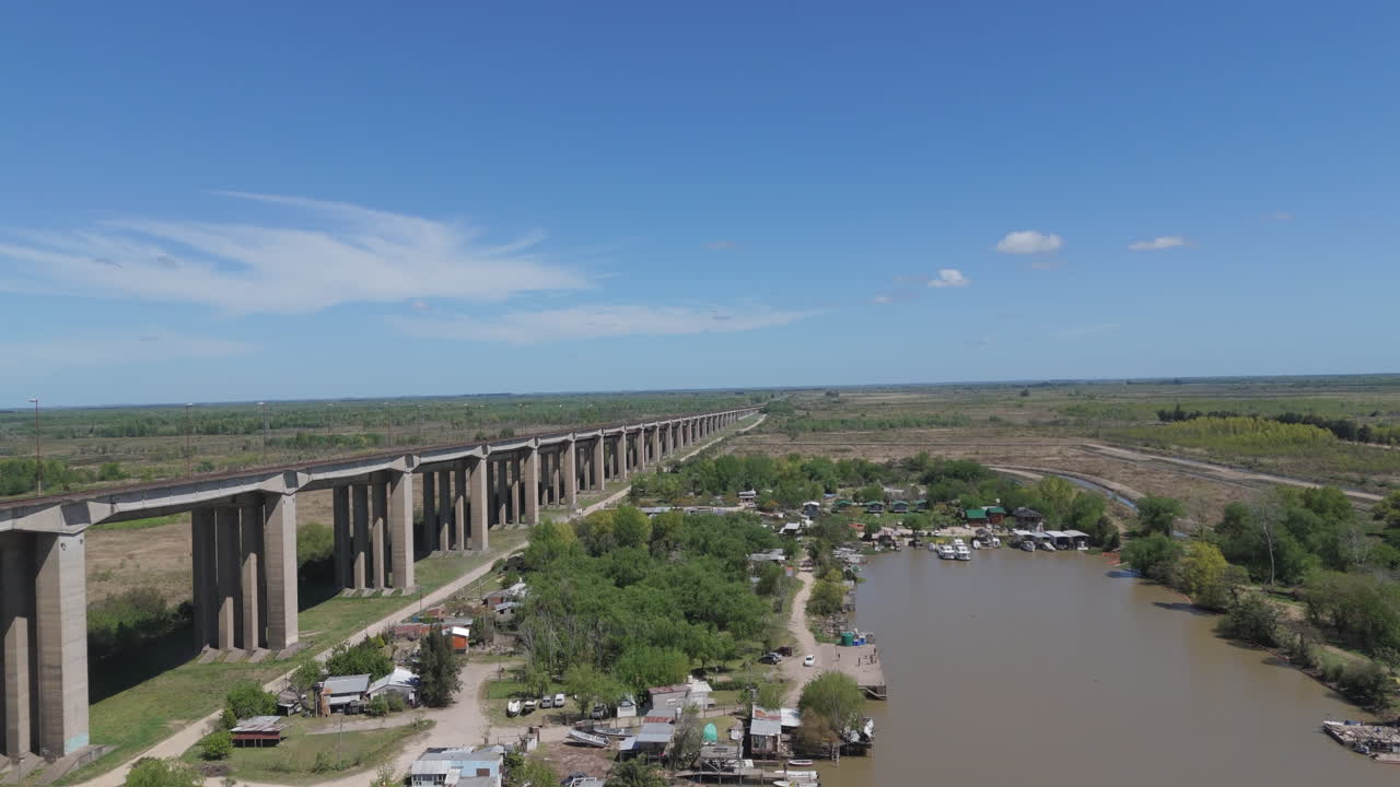 Aerial View of a Long Bridge over a River in a Rural Area