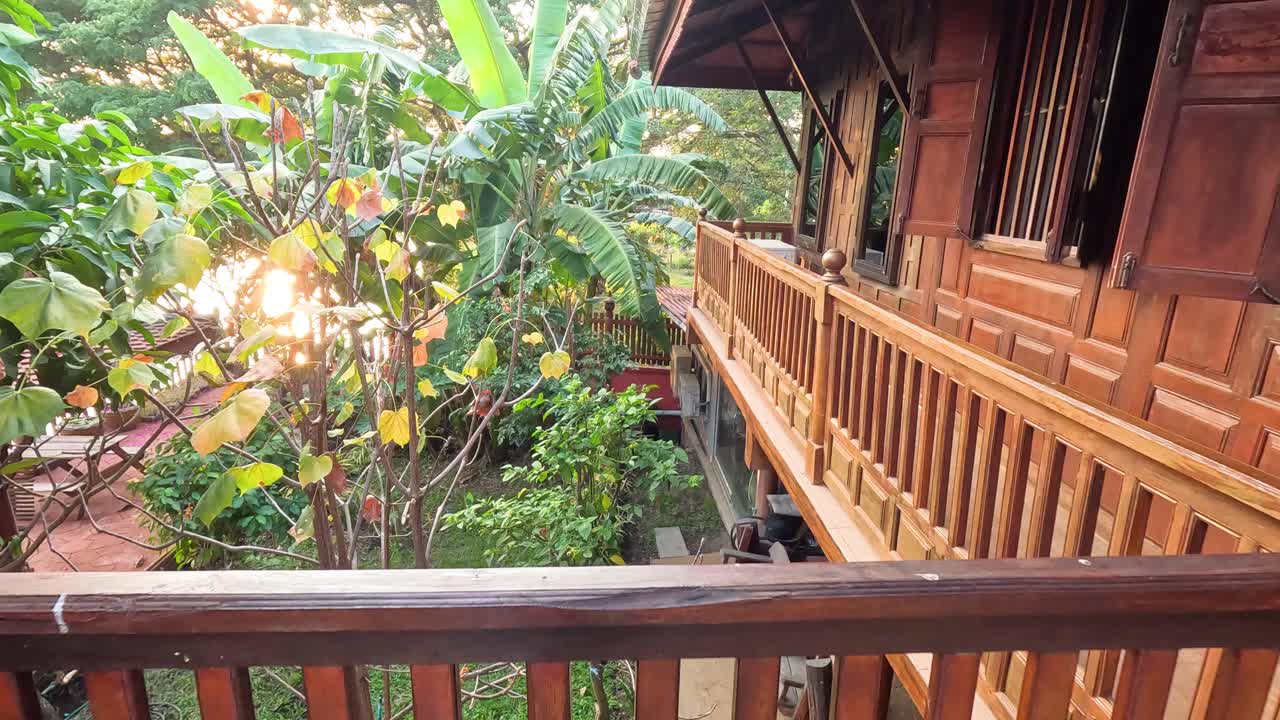 활기찬 열대 초록색 가운데 있는 나무 집