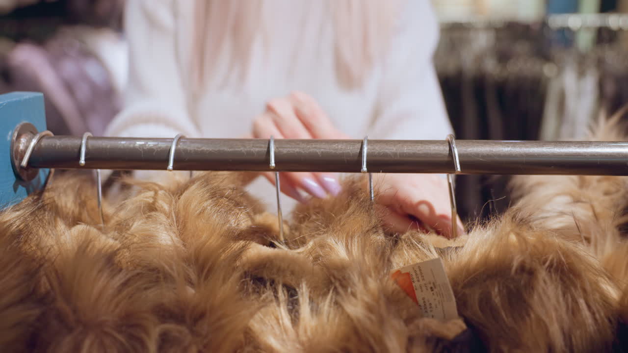 Hand view of woman shifting winter coat on hanger sliding it aside on rack while feeling fur trim and inspecting fabric quality with manicured nails under warm boutique lighting