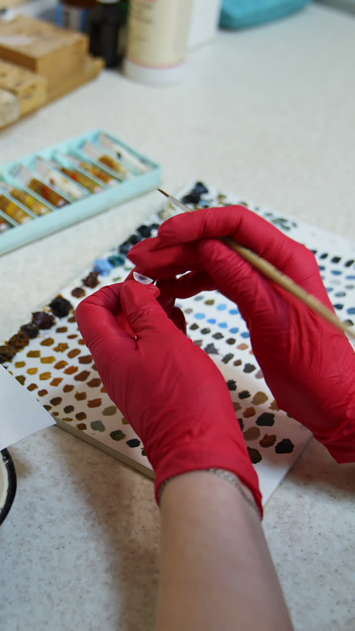 Hands in pink gloves holds plastic eye. Ocular prosthesis, diagnosis treatment of ophthalmic diseases, surgical operations on eyes. Vertical video