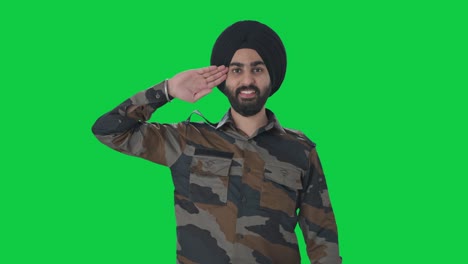 happy sikh indian army man saluting indian flag green screen