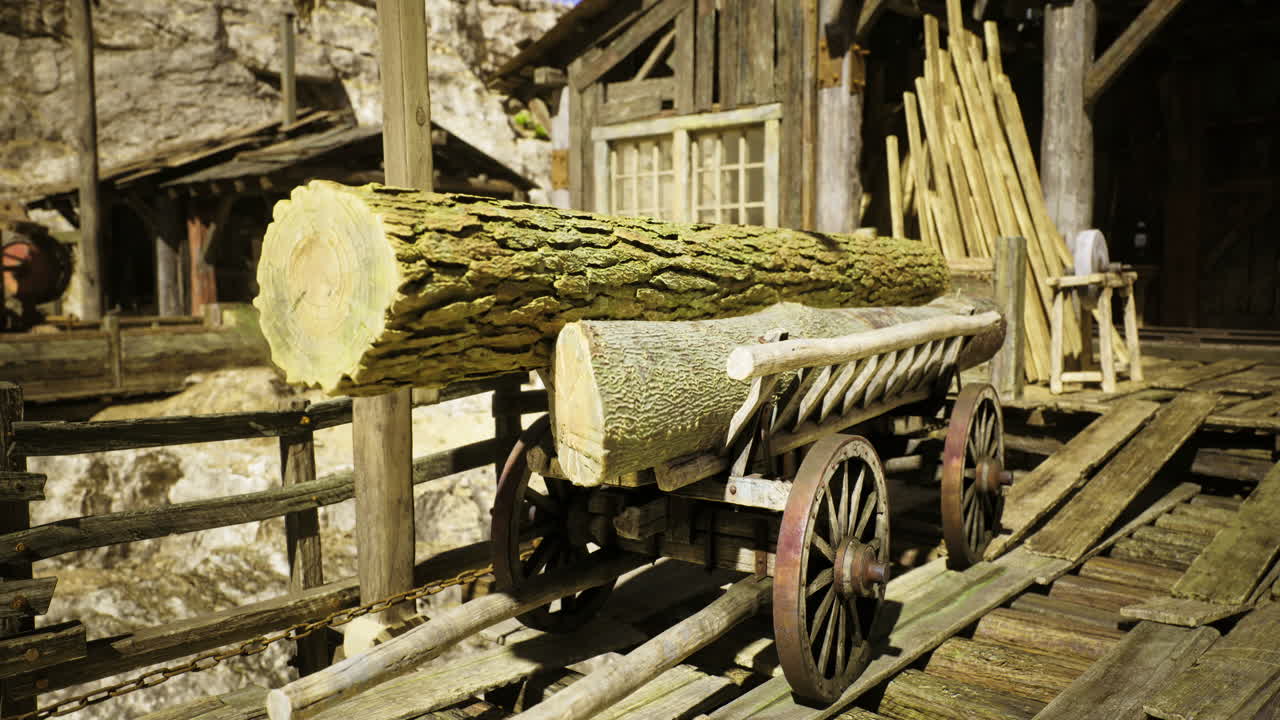 Wooden cart on a rustic wooden platform near an old building in a mining area