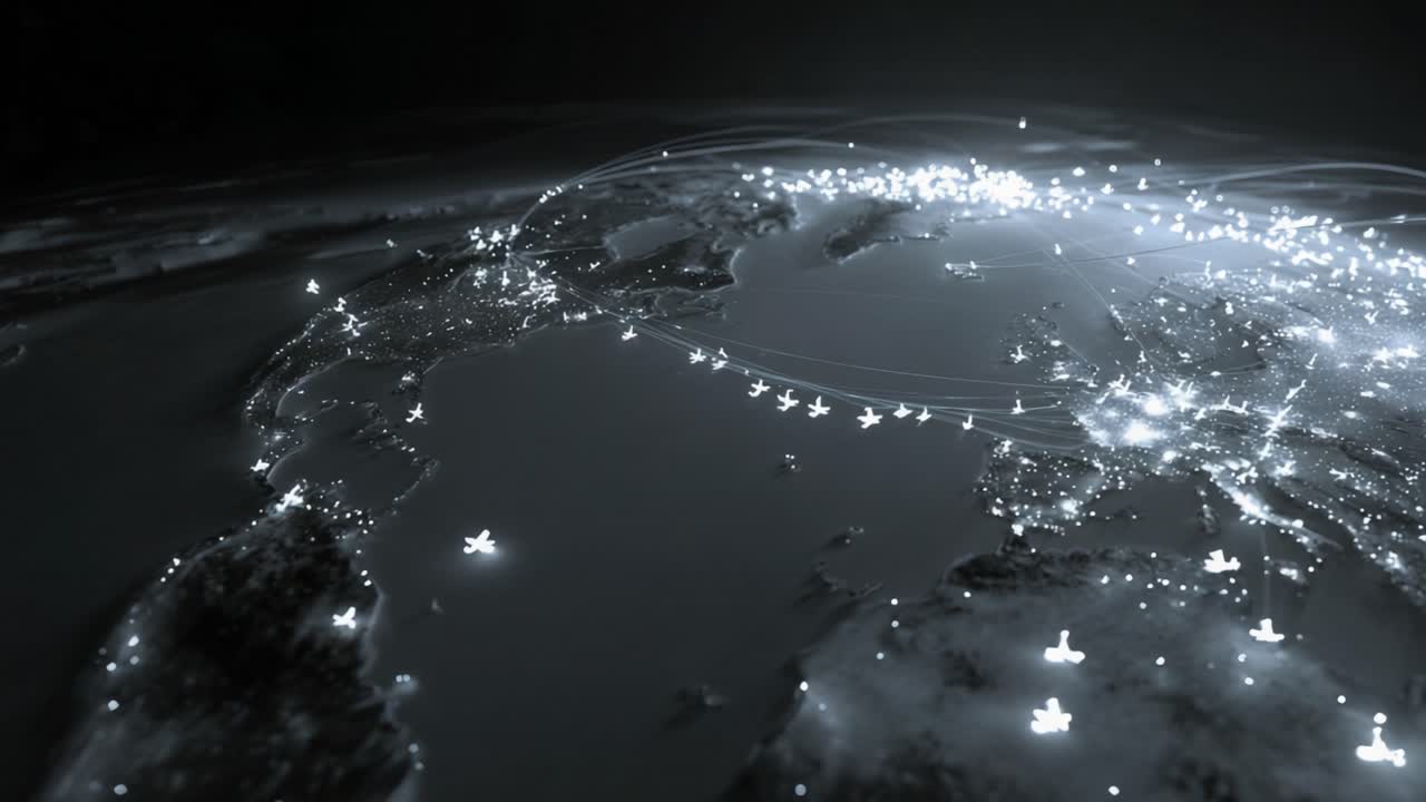 Glowing airplanes flying across the globe, connecting illuminated cities at night, creating a complex air traffic network symbolizing global travel, logistics, and interconnected business