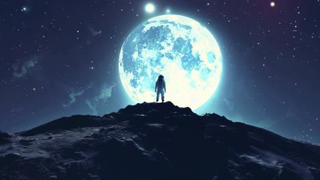a man in a spacesuit stands on a rocky hillside, looking up at a large blue moon. the scene is peaceful and serene, with the man appearing to be in awe of the beauty of the moon