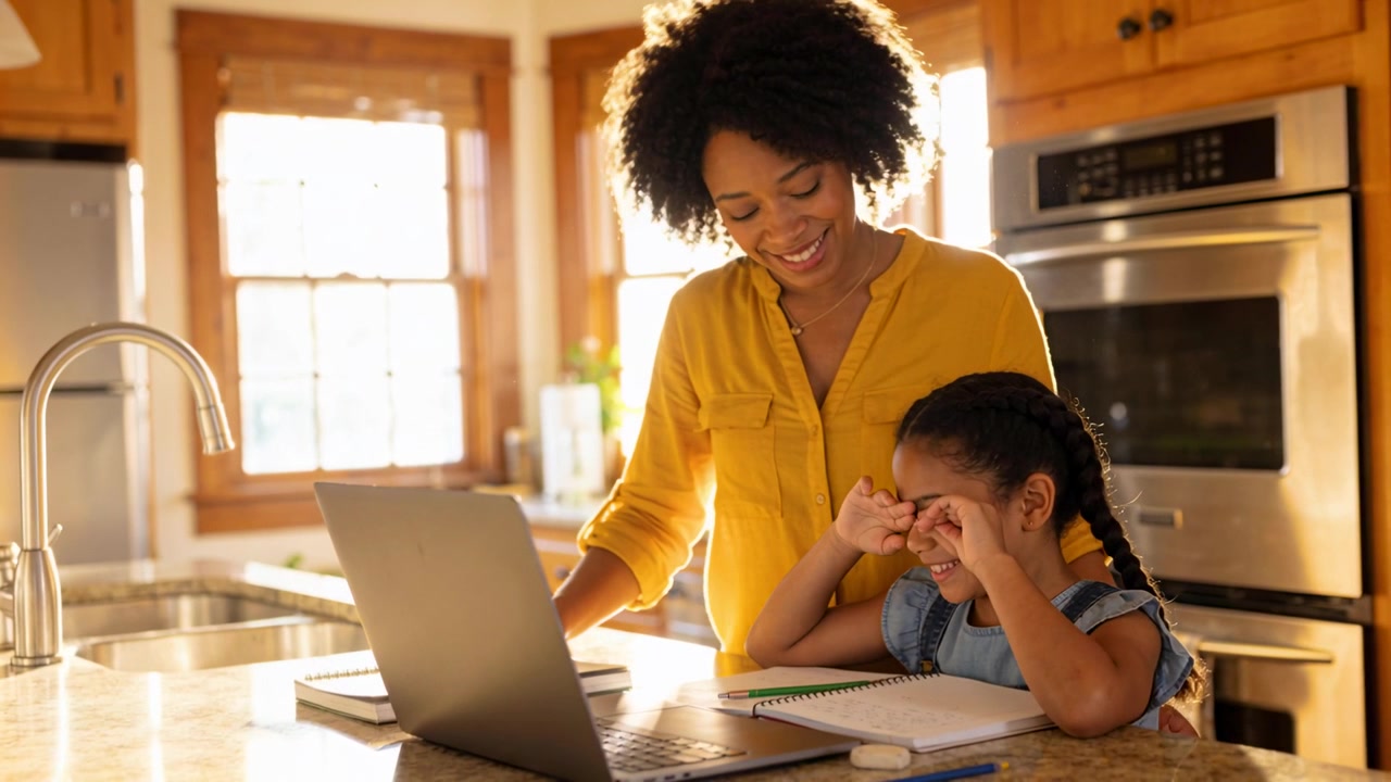 Placing laptop, mom leaning on kitchen island, guiding girl rubbing smiling with notes for homework