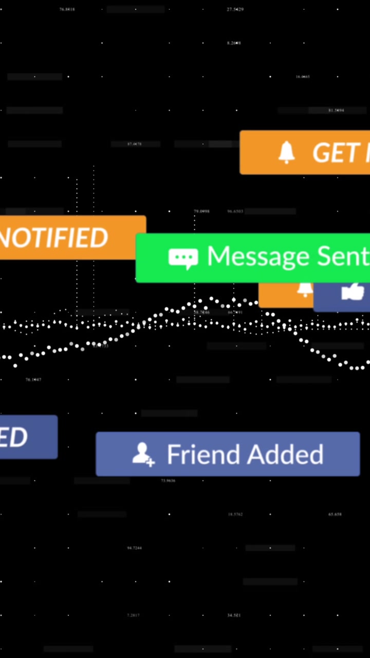 Animation of multiple notification bars over graphs and changing numbers on black background