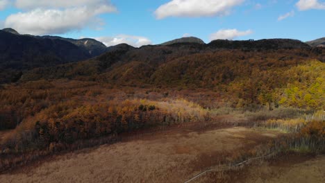 Schöner-Drohnen-Seitflug-über-Schattige-Und-Bewölkte-Landschaft-Während-Der-Herbstfarben