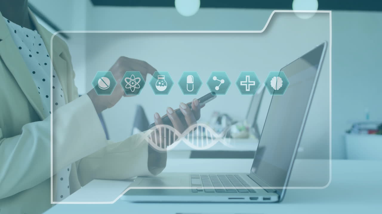 animación de hélice de adn, iconos, sección media de una mujer afroamericana de pie y usando un teléfono móvil