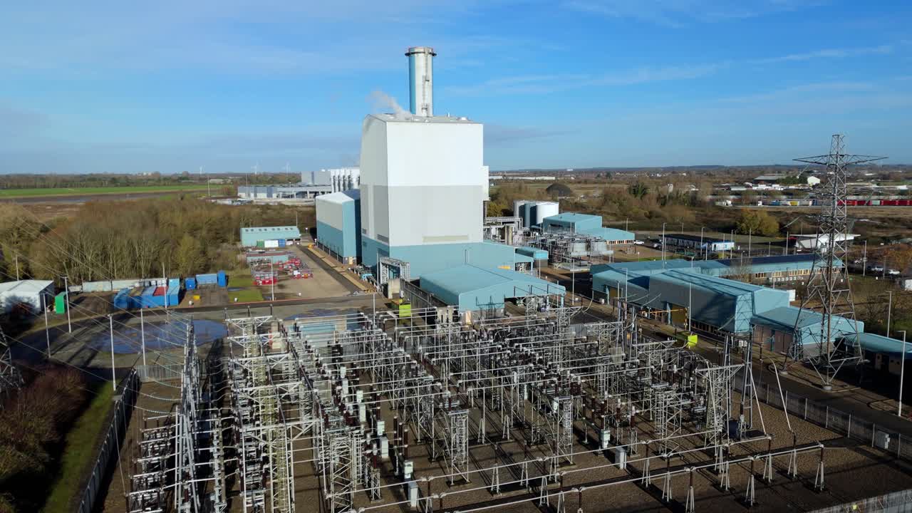 Winter aerial drone of a modern gas-powered electricity plant in King’s Lynn, highlighting the technical scale of UK energy production