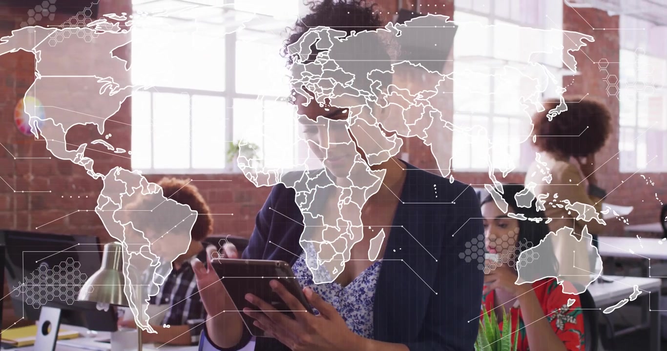 Business woman tapping tablet initiating animated world map overlay revealing global network data