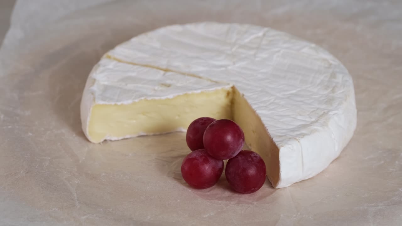 queso de crema camembert y uva de primer plano giratorio. cabeza de queso de leche de cabra con moho blanco en tabla de madera. cabeza redonda camembert cortado en pedazos delicioso queso suave camembert