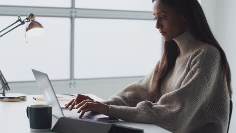 Businesswoman-Working-On-Laptop-At-Desk-In-Modern-Office-Looking-At-Notebook