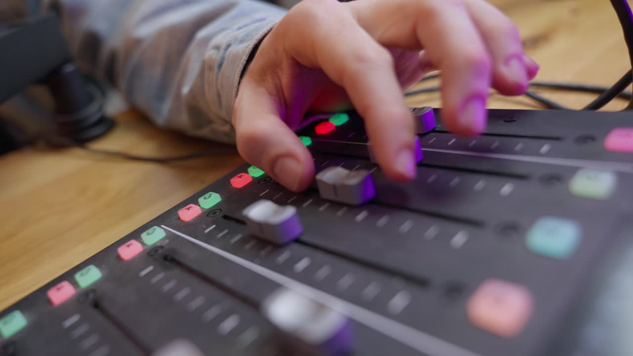 Hand expertly adjusting controls on a Podcast audio mixer or console. knobs, sliders, and buttons being manipulated by a podcaster or sound engineer. Audio engineering, sound mix, content production