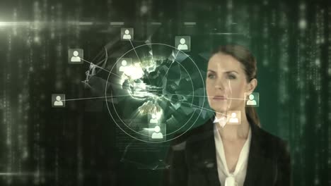 a businesswoman touching futuristic interface