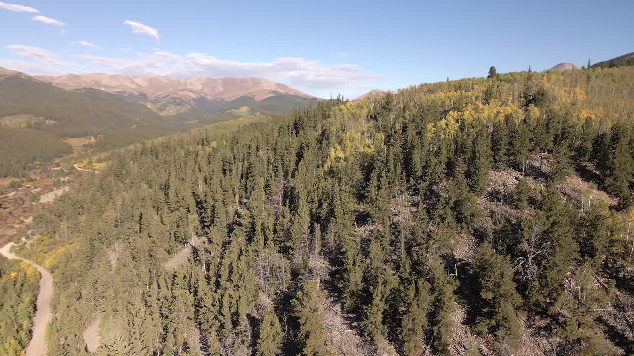 vista aérea girando sobre una carretera y una cresta cubierta de álamos para revelar las montañas a distancia por encima de la línea de árboles