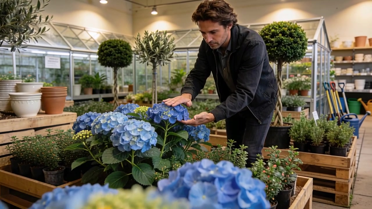 Mann i mørk jakke går bort og lener seg, kjenner på blå hortensiablomster i hagesenteret for å sjekke kvaliteten.