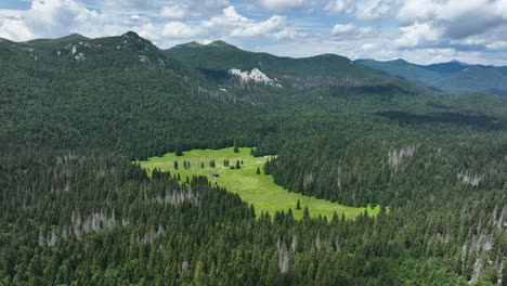 mountain valley with cabin and forest