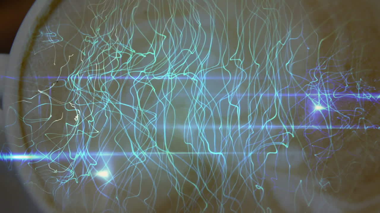 Animating neon-blue and green light trails over beige surface with white rim and blue flares