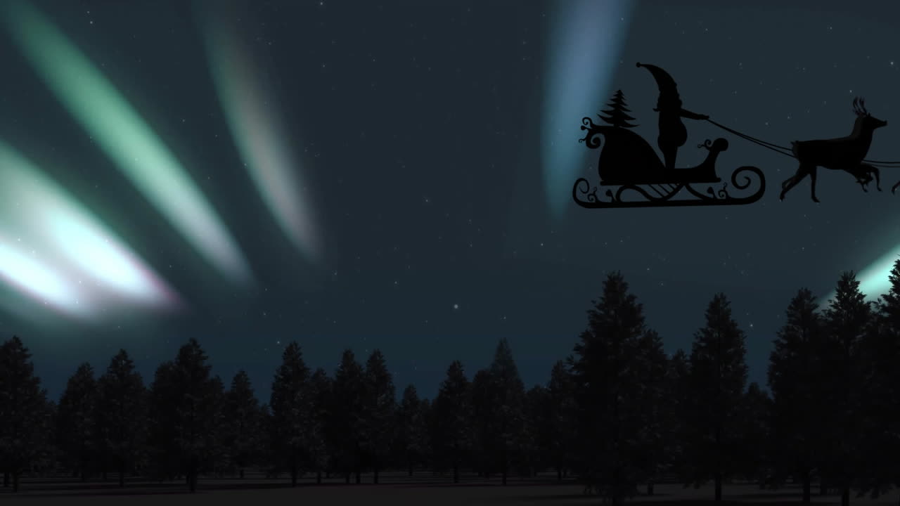 Santa in sleigh with reindeer animation over night sky with northern lights