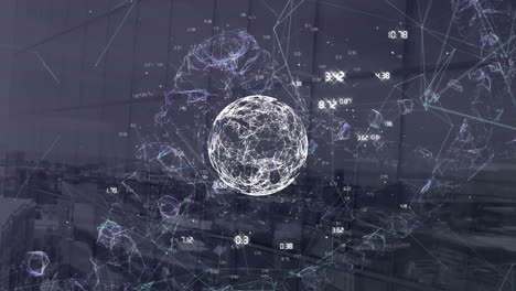 dna structure and globe of network of connections against cityscape