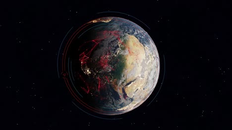 earth globe dark space with electromagnetic pollution field connection between big city and light pollution 3d rendering animation