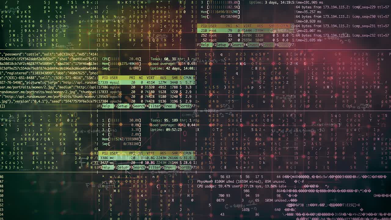 4k abstracto red digital oscura tecnología de comunicación de datos imágenes de fondo. red de datos, fórmulas matemáticas y varios iconos de negocios superposición. bucle sin costuras
