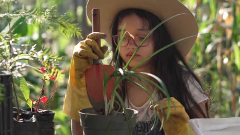 girl planting a chive plant in a pot