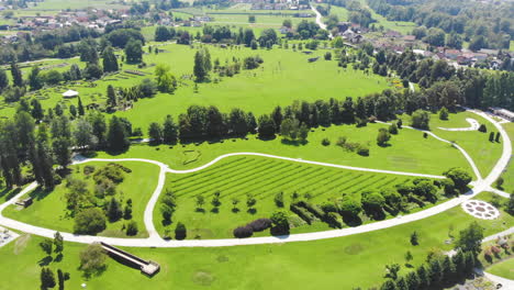 aerial panorama over the volcji potok arboretum on sunny day