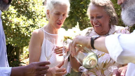 pouring wine into glasses, senior friends enjoying outdoor wedding together