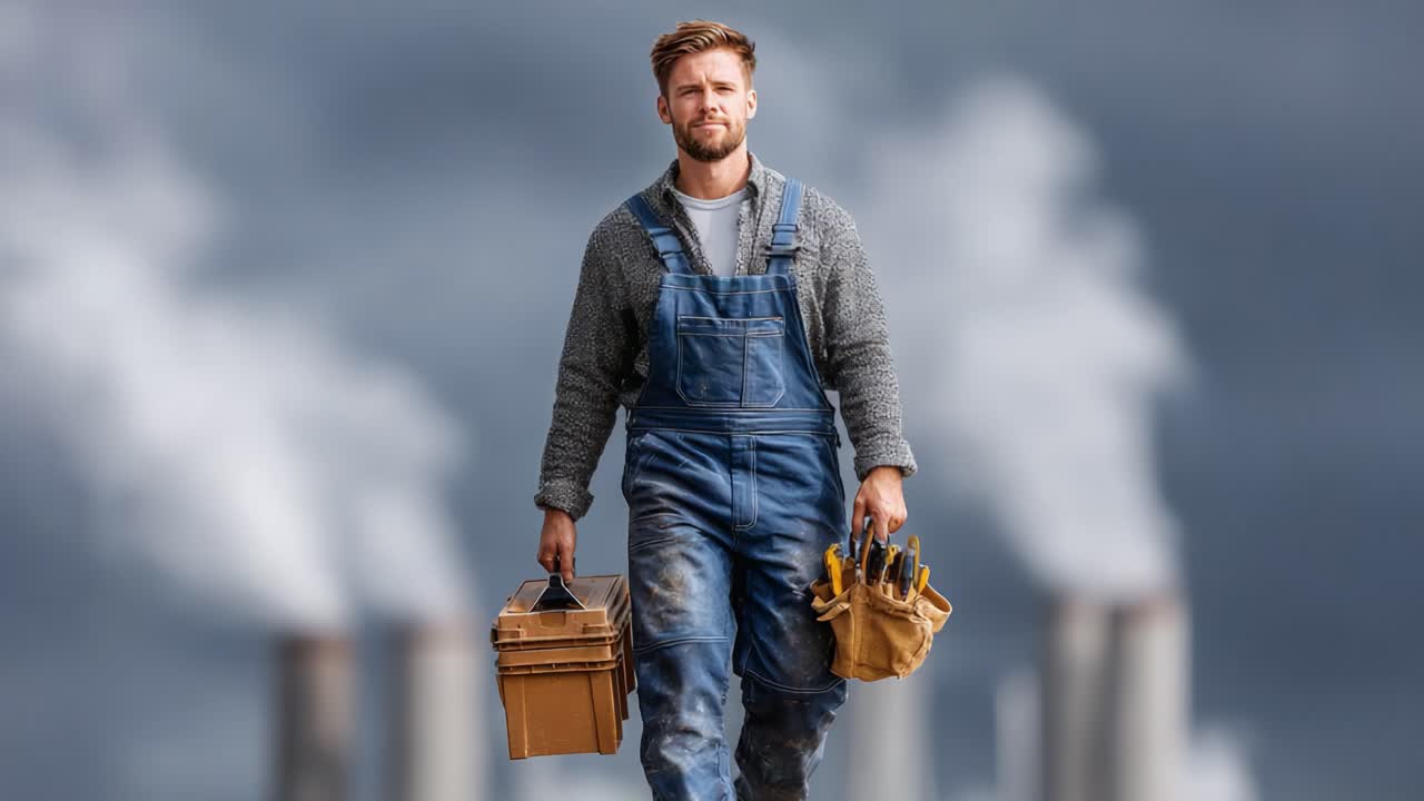 A Determined Worker Approaches with Tools Amidst Smoke and Industrial Background, Symbolizing Commitment to Labor and Resilience in Challenging Environments