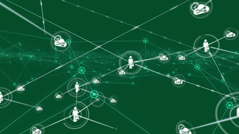 animation of network of connections with digital icons on green background