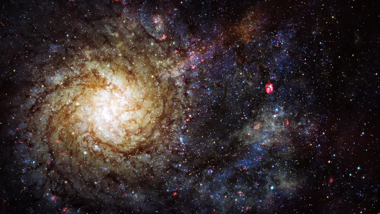 exploración del espacio de bucle sin costuras nebulosa cielo a la galaxia espiral m74. 4k 3d render viaje de descubrimiento espacial volando a través del campo estelar a un hermoso fondo de galaxias espirales. vuelo espacial del universo de ciencia ficción.
