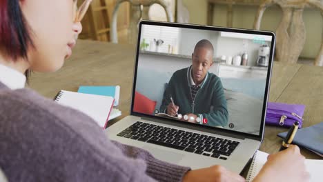 Composition-of-asian-schoolgirl-on-laptop-online-learning-with-african-american-schoolboy