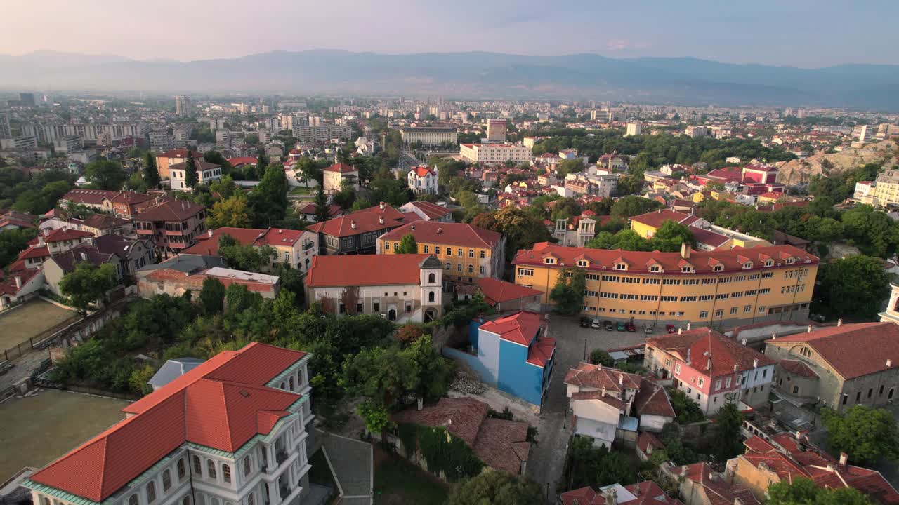 Aerial panoramic drone view of Plovdiv, Bulgaria