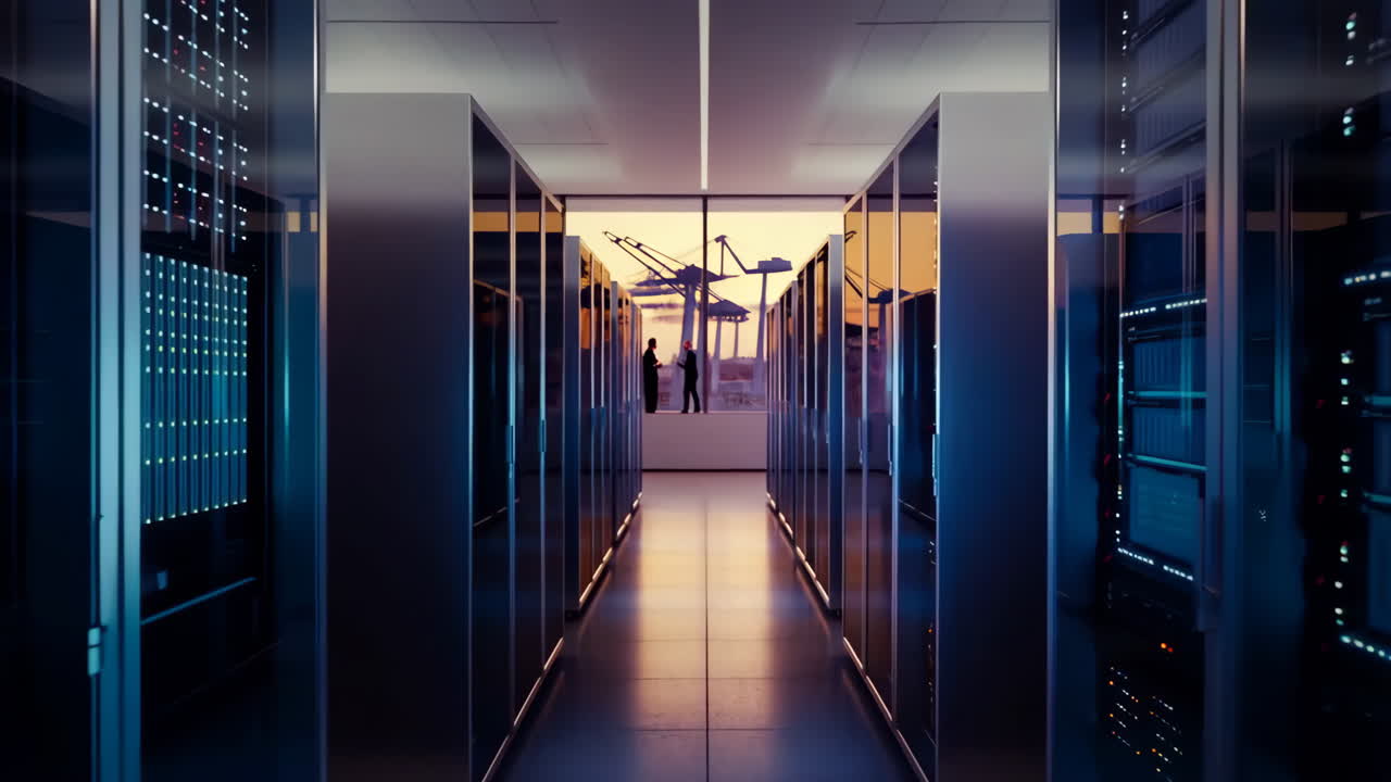 People Discussing in a Modern Data Center with a Port View at Sunset