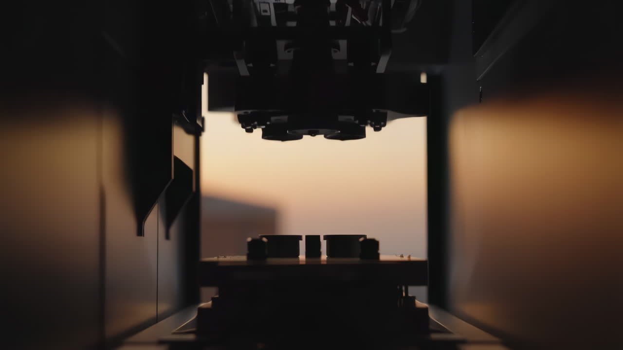 Silhouette di macchinari industriali contro un tramonto caldo