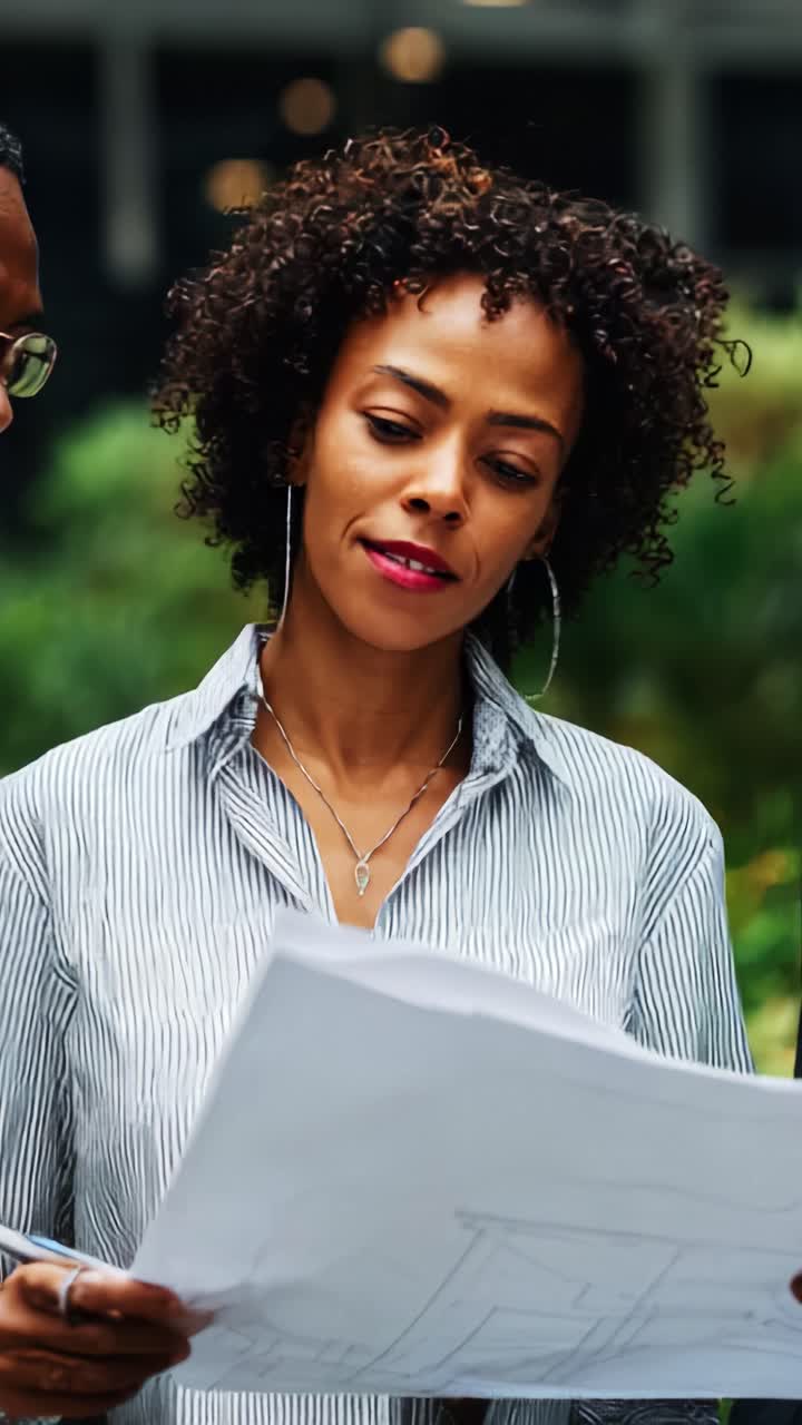 Focused Woman Reviewing Documents in a Natural Setting with Curly Hair and Professional Attire, Showcasing Engagement and Concentration on Work