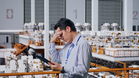 stressed warehouse worker checking inventory on tablet