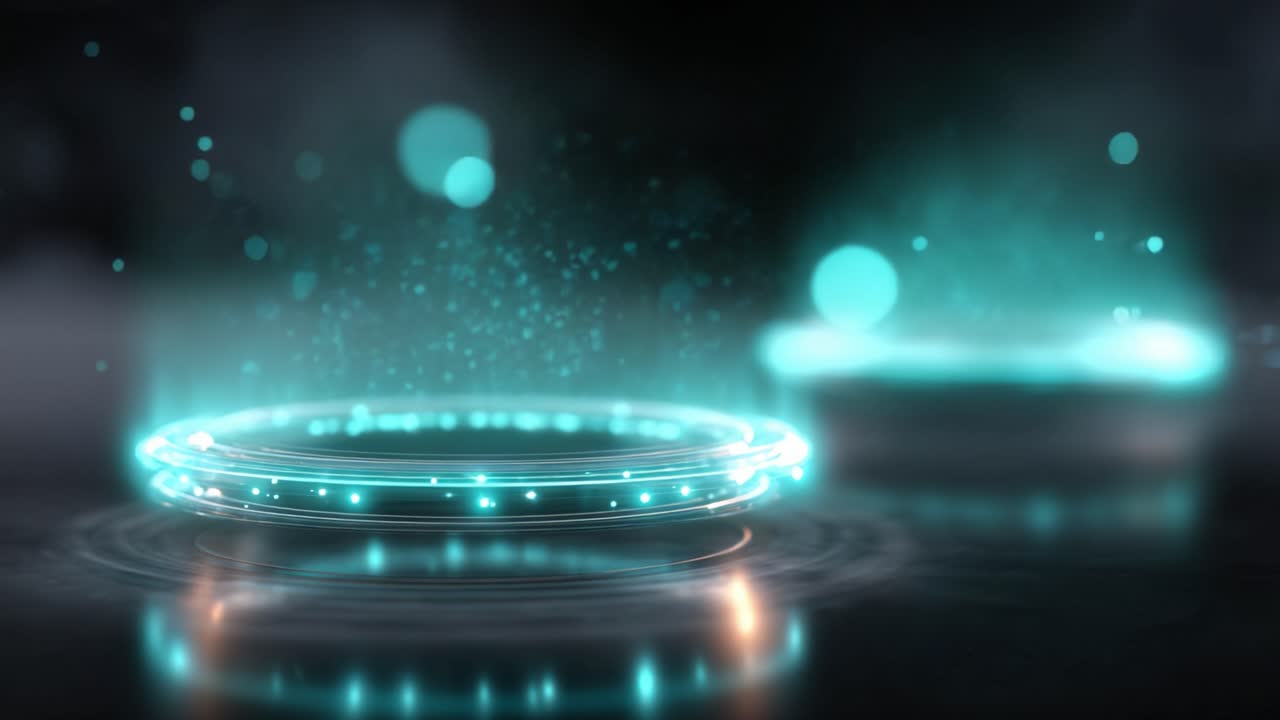 Futuristiske lysringe og glimtende partikler skaber en æterisk, digital atmosfære, der fremkalder en følelse af teknologi og innovation i en fascinerende visuel scene.
