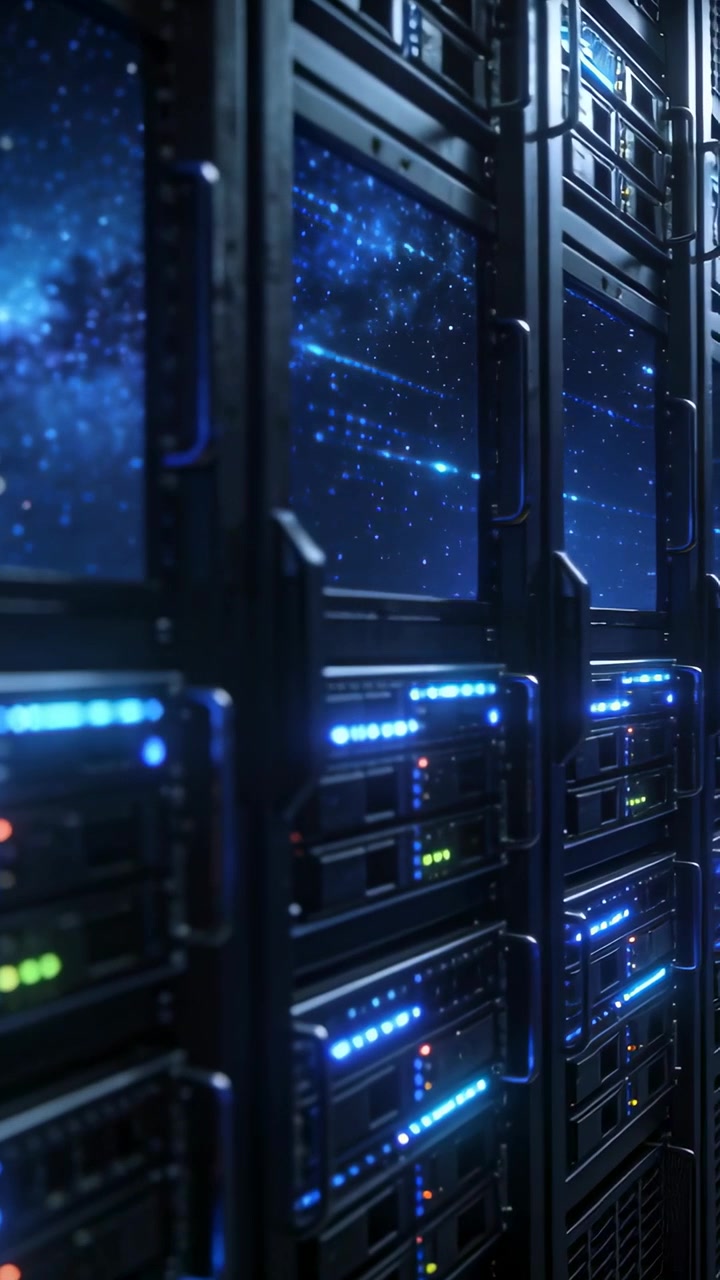 Video verticale: Telecamera in movimento che si sposta a destra lungo una fila di rack in una sala server, mostrando LED e spazio.