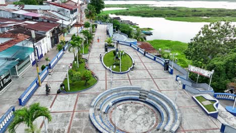 Aerail-drone-fly-view-of-the-Boulevard,-Iquitos-in-Peru,-Malecón-Tarapacá,-Río-Itaya