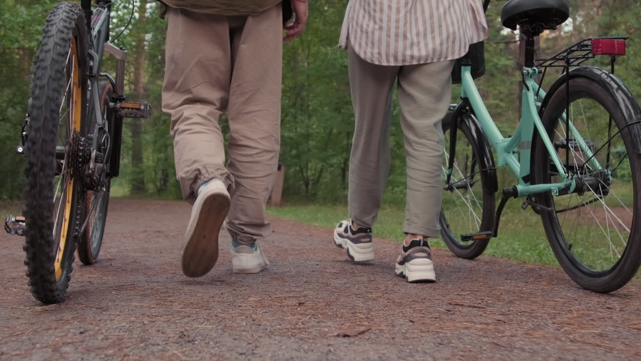 Sporty Couple Carrying Bikes During Walk In Forest