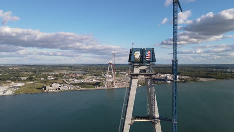 gordie howe bridge two pillars built, construction site, aerial view