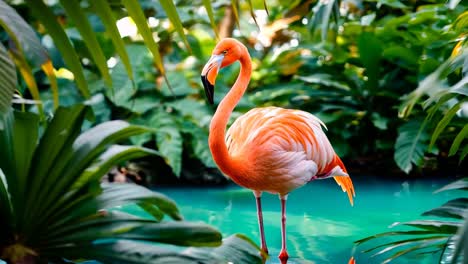 un flamenco rosa de pie en el medio de una piscina rodeado de plantas